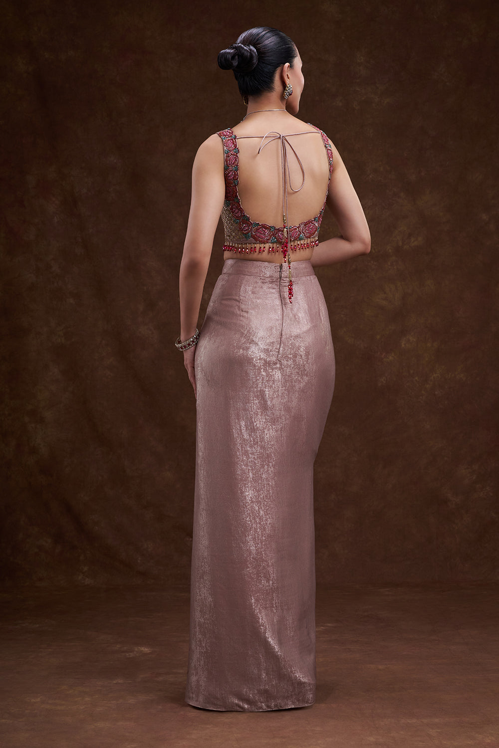 Rose Gold Floral Embellished Drape Skirt Set