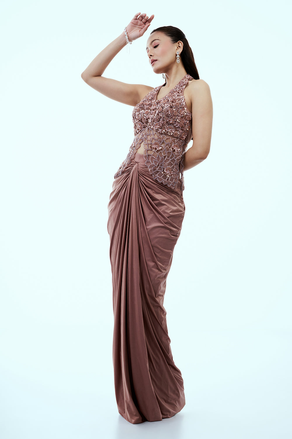 Rose Gold Net and Lycra Peplum Dhoti Set with Cutdana Moti and Sequins