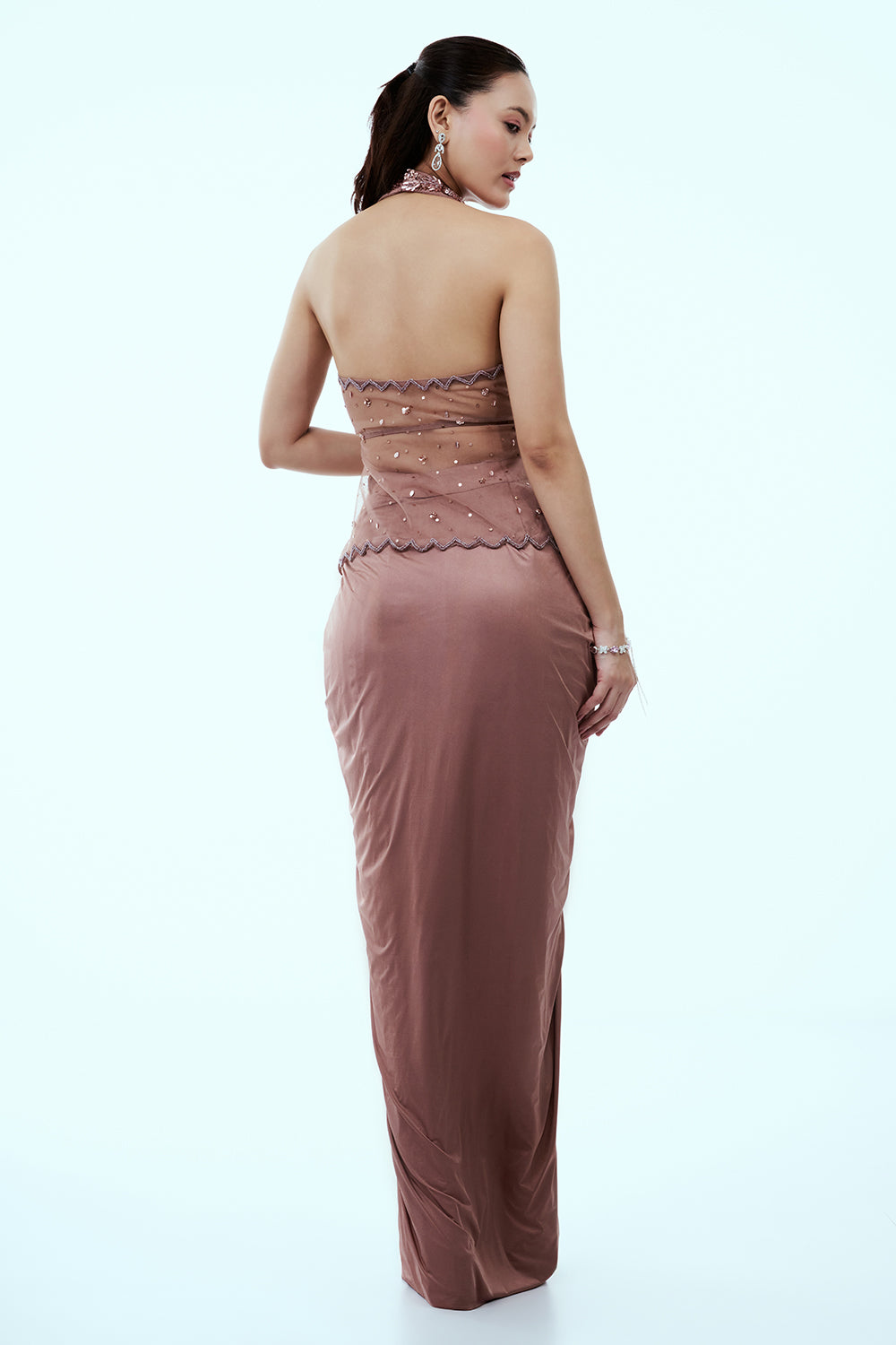 Rose Gold Net and Lycra Peplum Dhoti Set with Cutdana Moti and Sequins