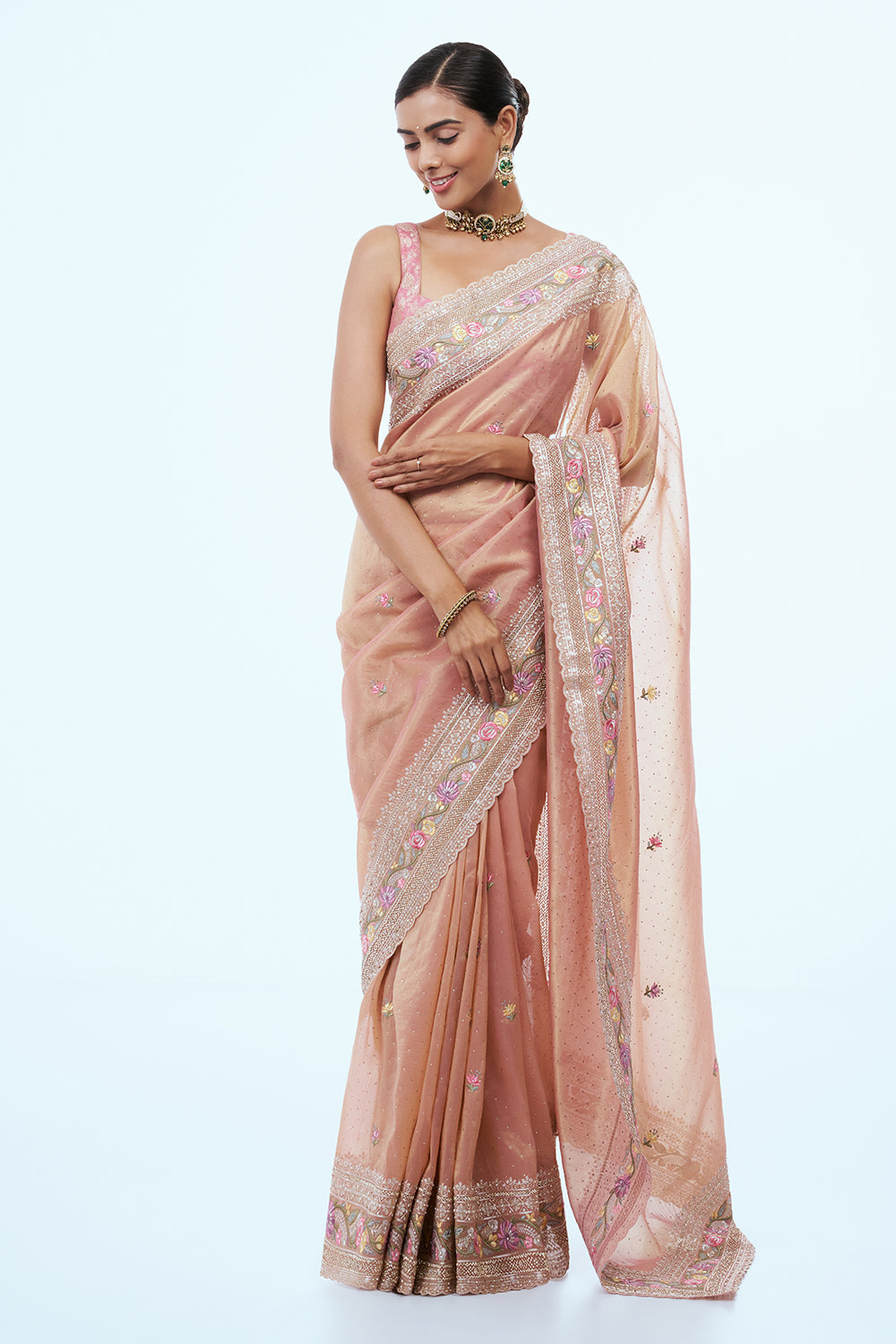 Rose Gold Organza Saree with Thread Work