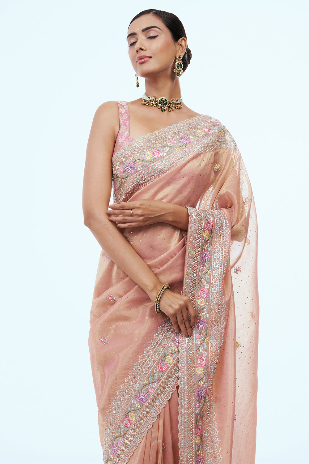 Rose Gold Organza Saree with Thread Work