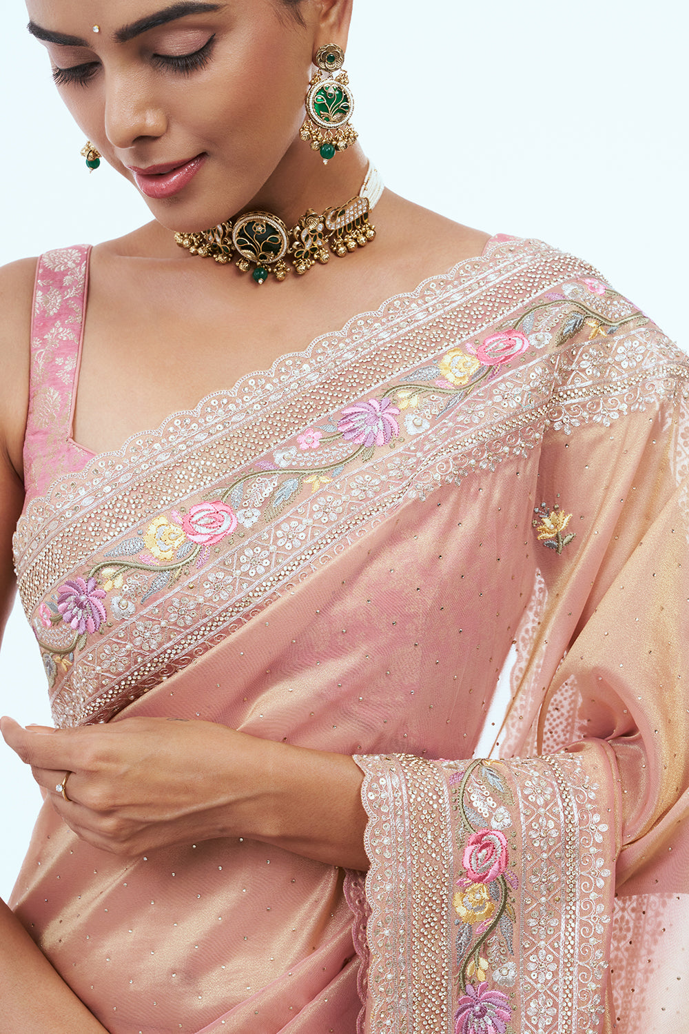 Rose Gold Organza Saree with Thread Work
