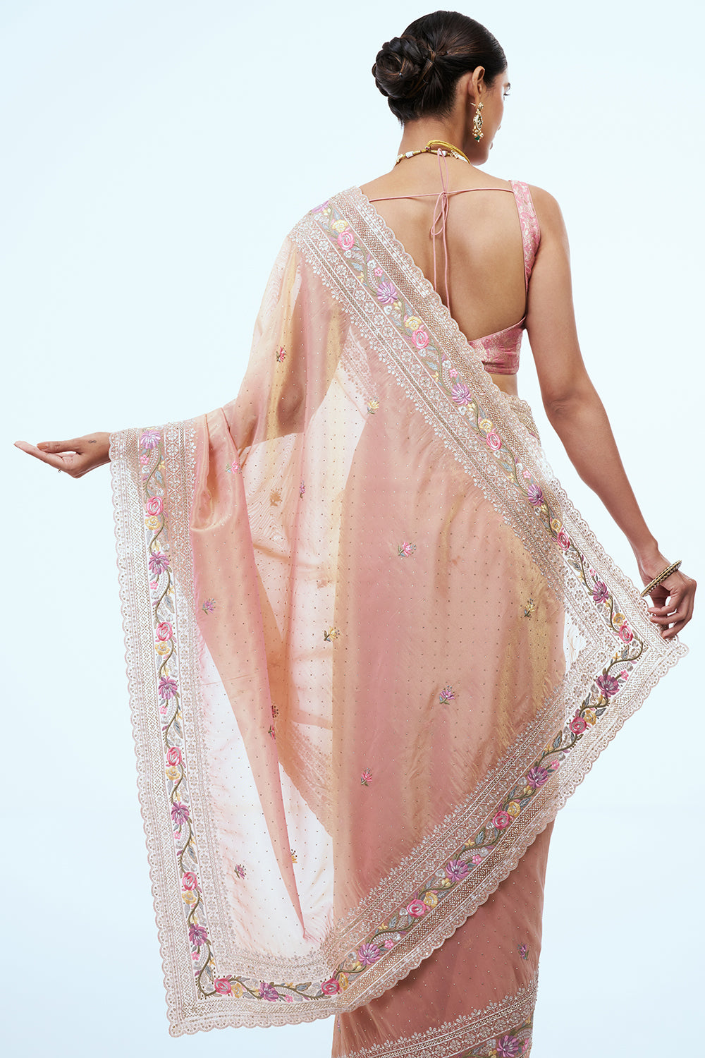 Rose Gold Organza Saree with Thread Work