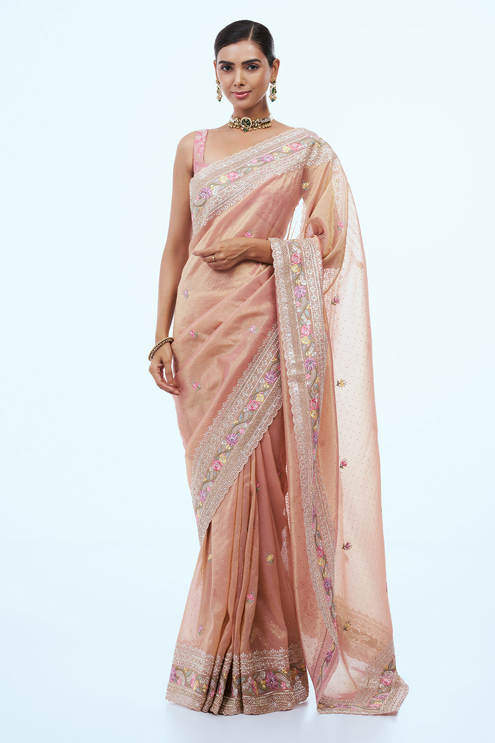 Rose Gold Organza Saree with Thread Work