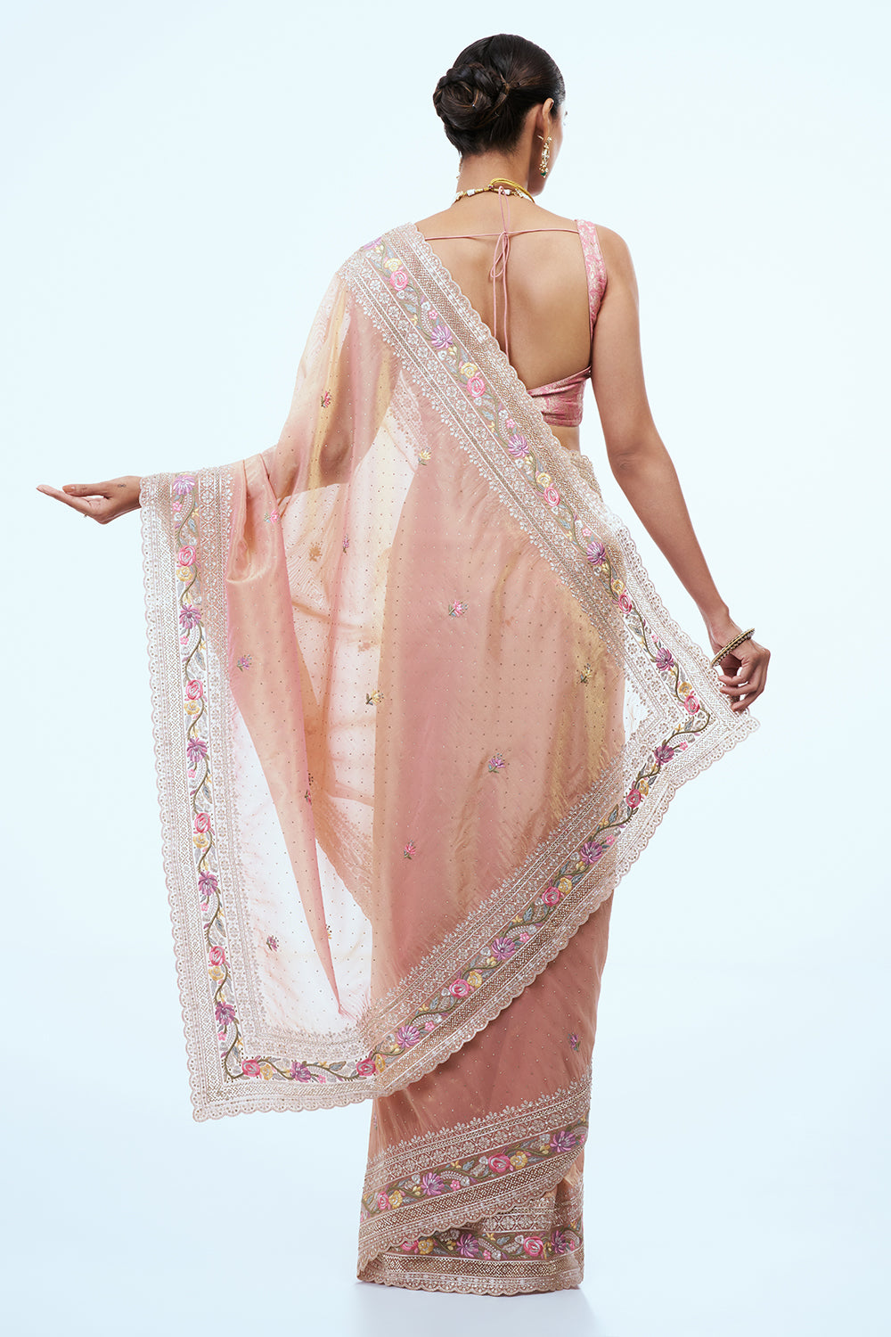 Rose Gold Organza Saree with Thread Work