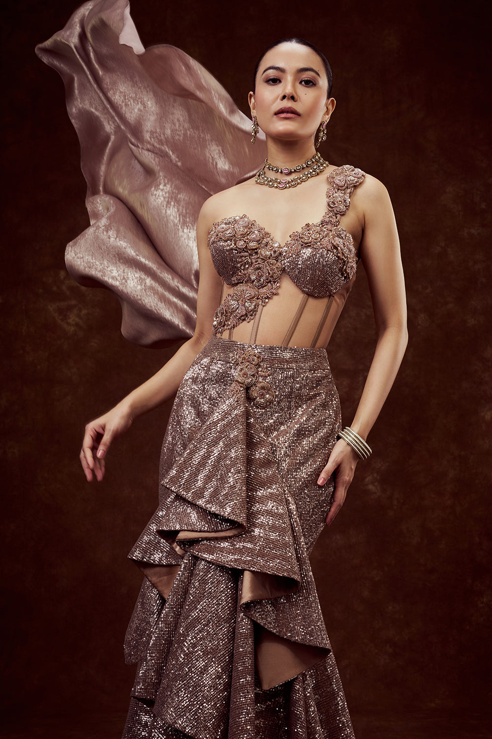 Copper Sequin Indo-Western Mermaid Gown with 3D Flower Work