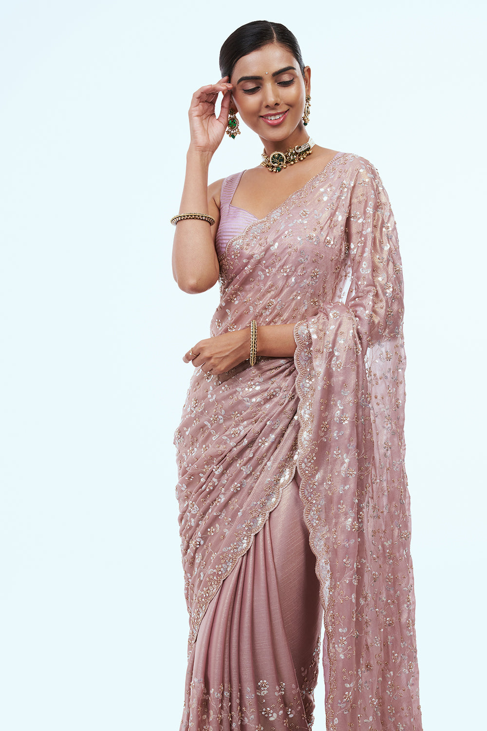 Rose Gold Shimmer Crush Saree with Cutdana Work