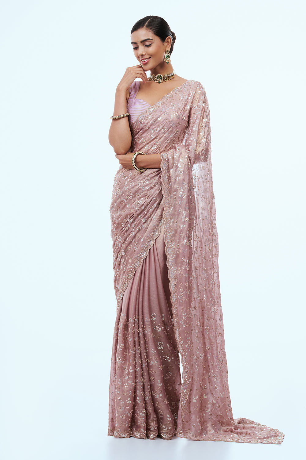 Rose Gold Shimmer Crush Saree with Cutdana Work