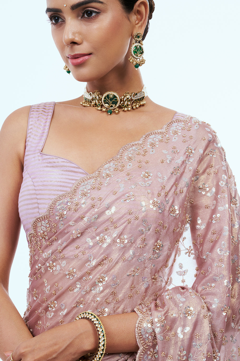 Rose Gold Shimmer Crush Saree with Cutdana Work