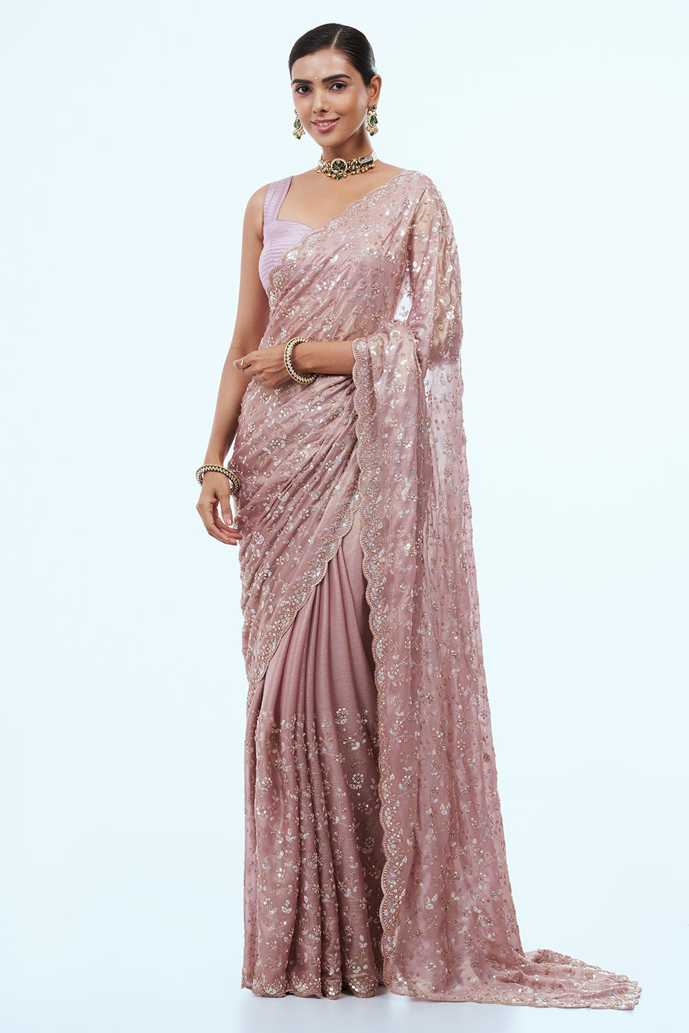 Rose Gold Shimmer Crush Saree with Cutdana Work