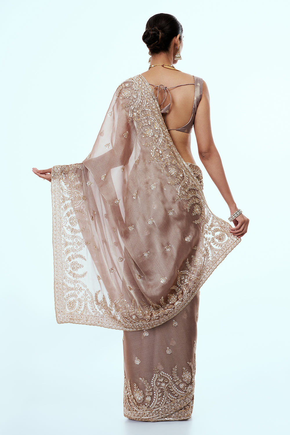 Rose Gold Shimmer Organza Saree with Bead Work