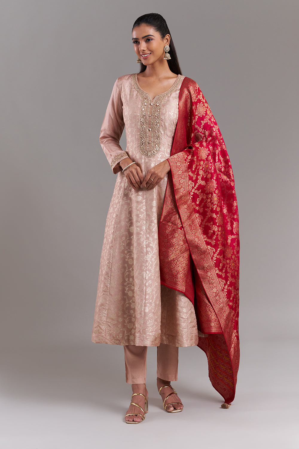 Rose Gold Tissue Anarkali Suit with Contrast Brocade Dupatta