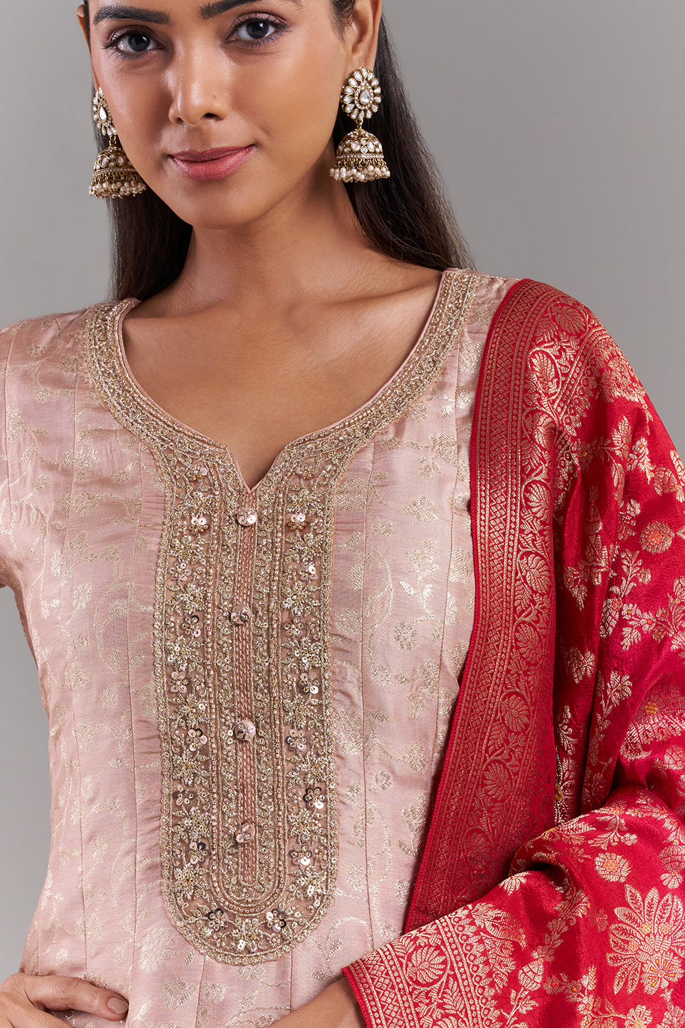 Rose Gold Tissue Anarkali Suit with Contrast Brocade Dupatta