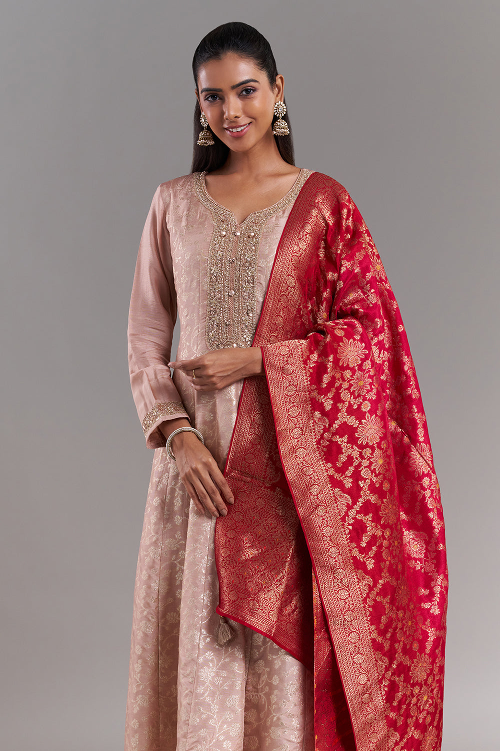 Rose Gold Tissue Anarkali Suit with Contrast Brocade Dupatta