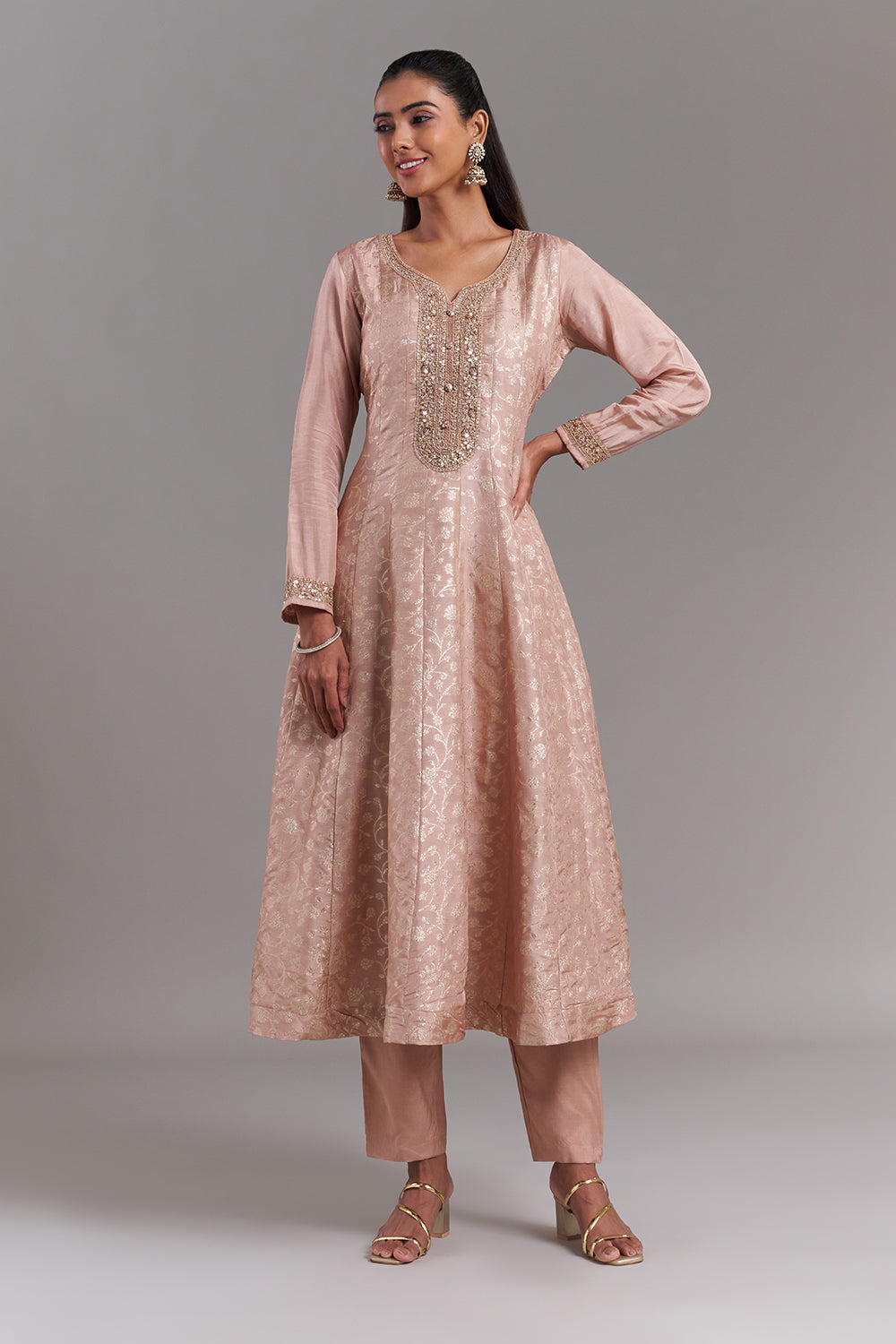 Rose Gold Tissue Anarkali Suit with Contrast Brocade Dupatta