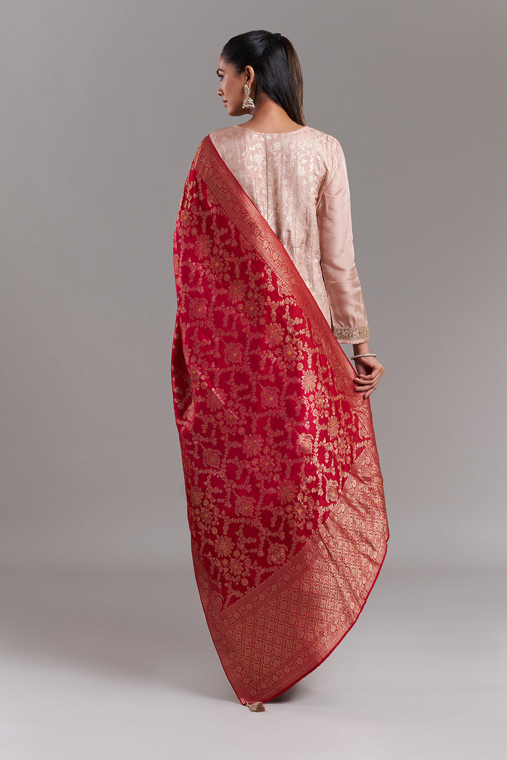 Rose Gold Tissue Anarkali Suit with Contrast Brocade Dupatta
