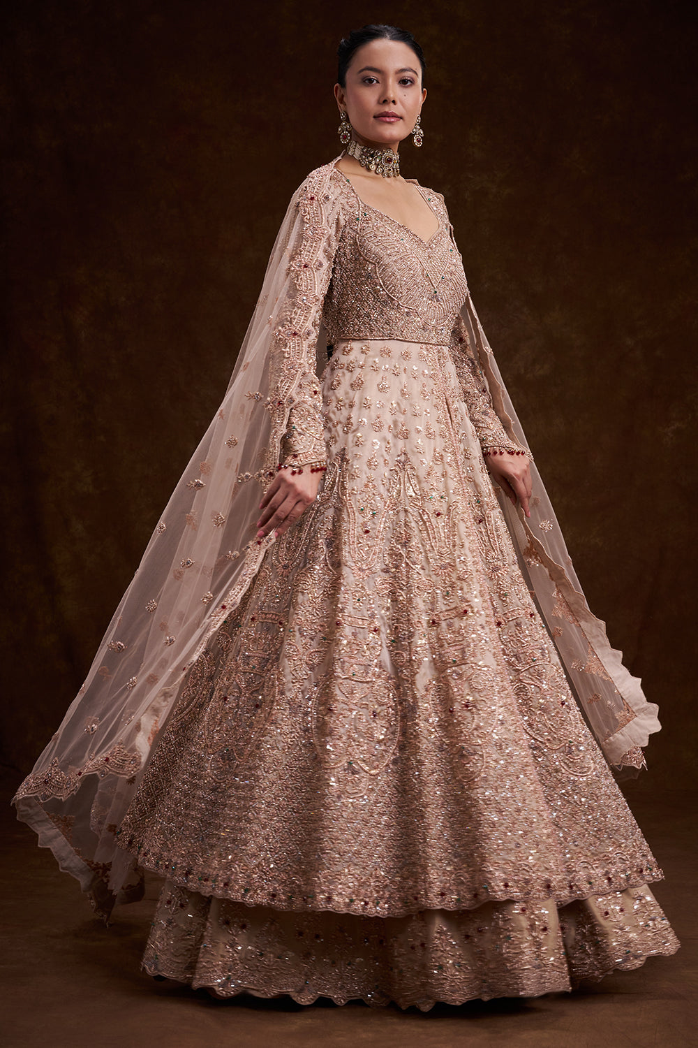 Rose Gold Tissue Silk Bridal Lehenga with Zardozi and Bead Work