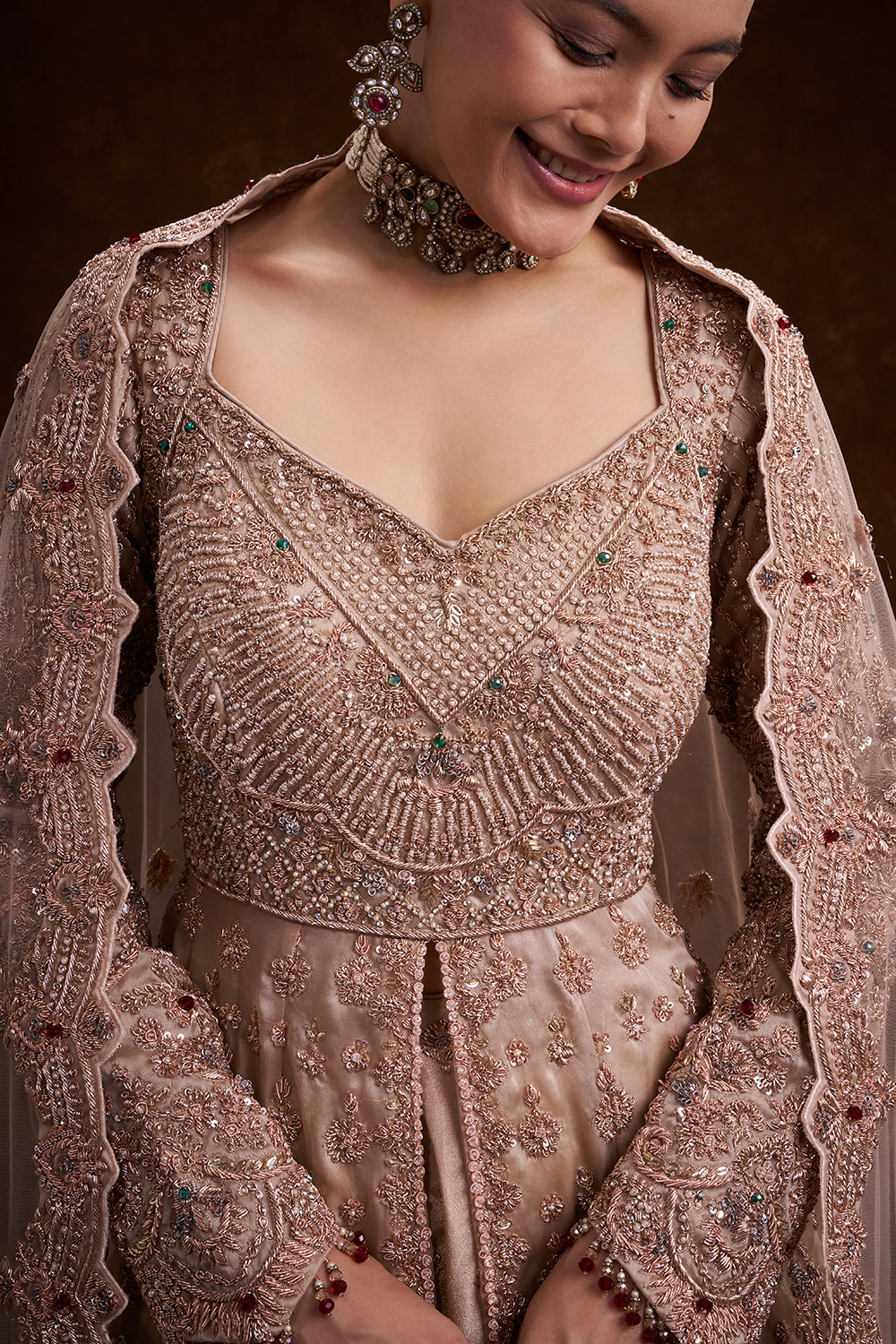 Rose Gold Tissue Silk Bridal Lehenga with Zardozi and Bead Work