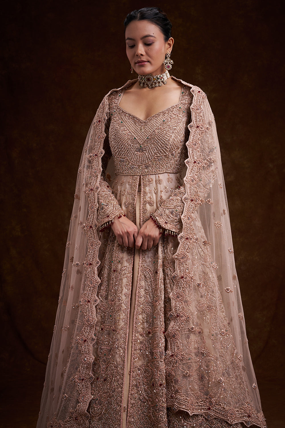 Rose Gold Tissue Silk Bridal Lehenga with Zardozi and Bead Work