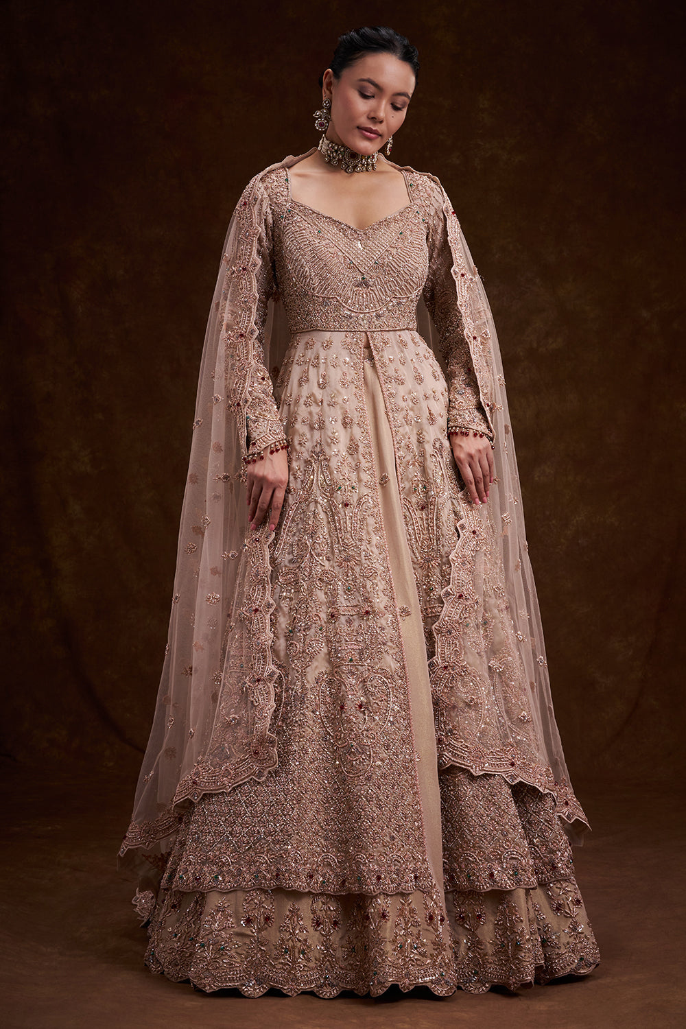 Rose Gold Tissue Silk Bridal Lehenga with Zardozi and Bead Work