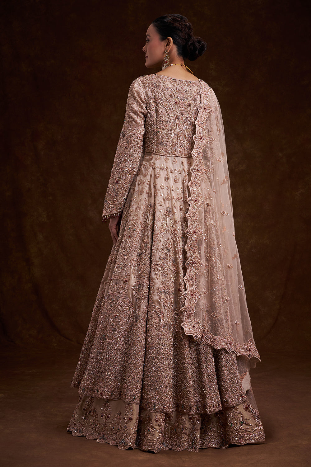 Rose Gold Tissue Silk Bridal Lehenga with Zardozi and Bead Work