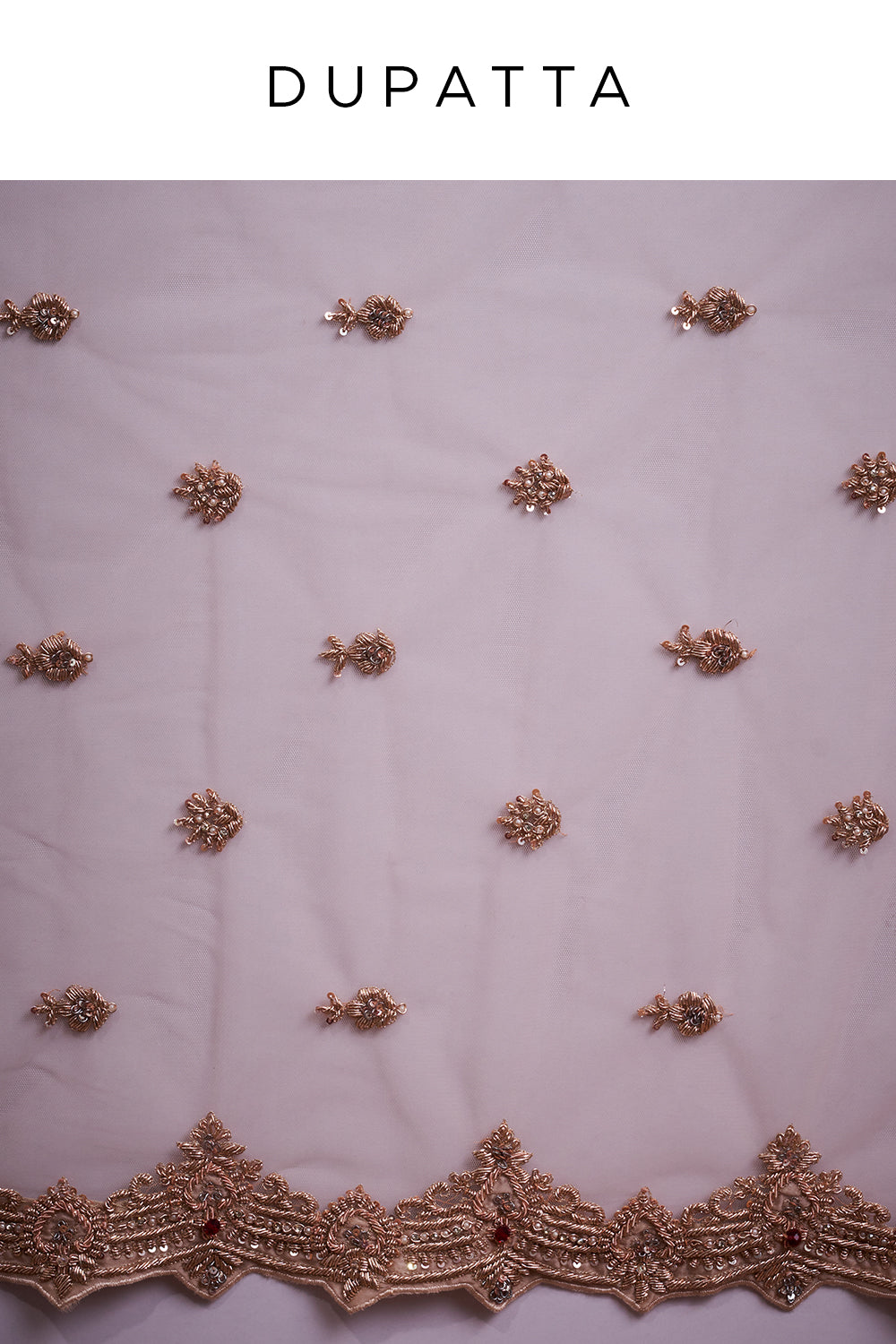 Rose Gold Tissue Silk Bridal Lehenga with Zardozi and Bead Work