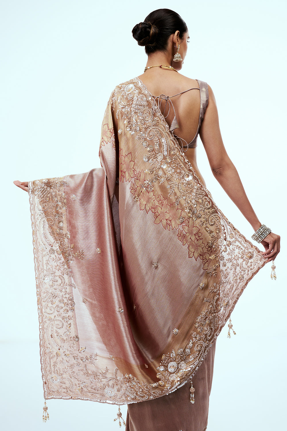 Rose Gold Tissue Silk Saree with Cutdana Work