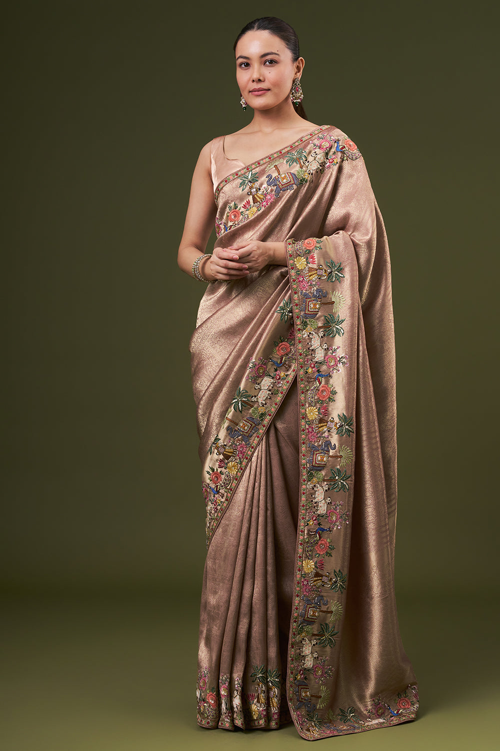Rose Golden Brocade Silk Jacquard Saree with Thread and Zari Work