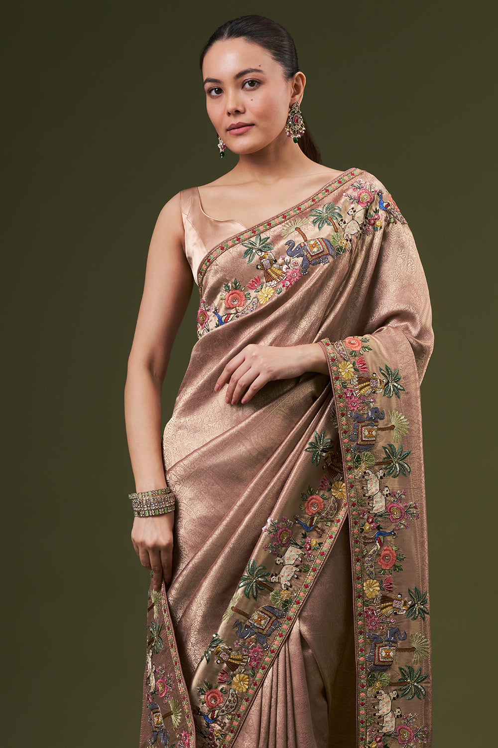 Rose Golden Brocade Silk Jacquard Saree with Thread and Zari Work