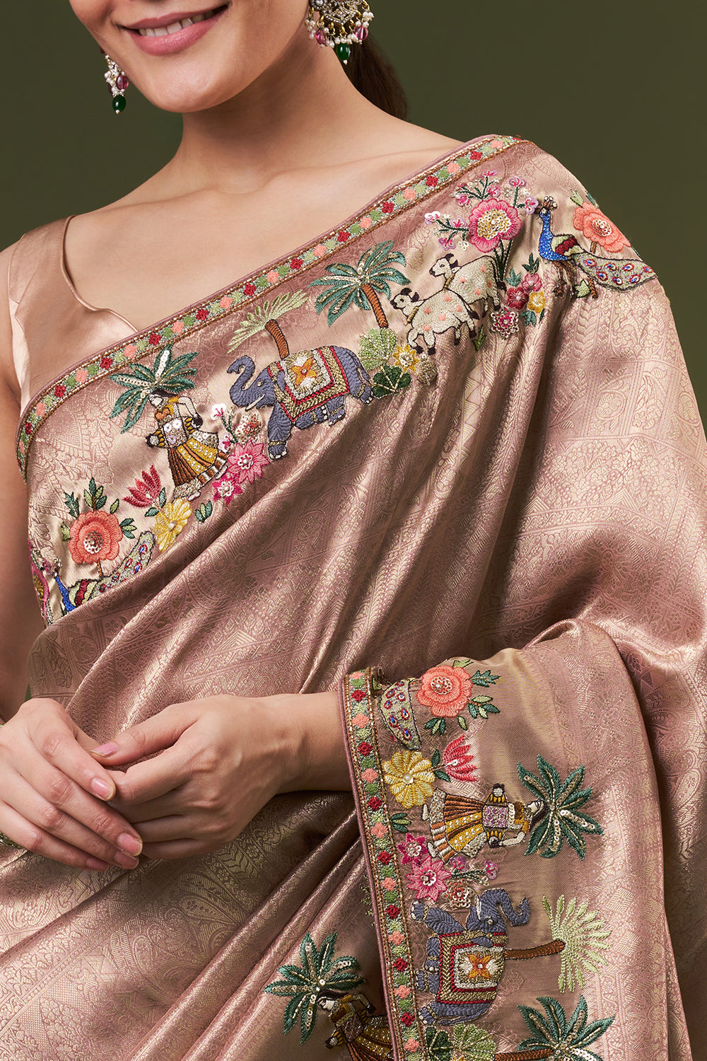 Rose Golden Brocade Silk Jacquard Saree with Thread and Zari Work