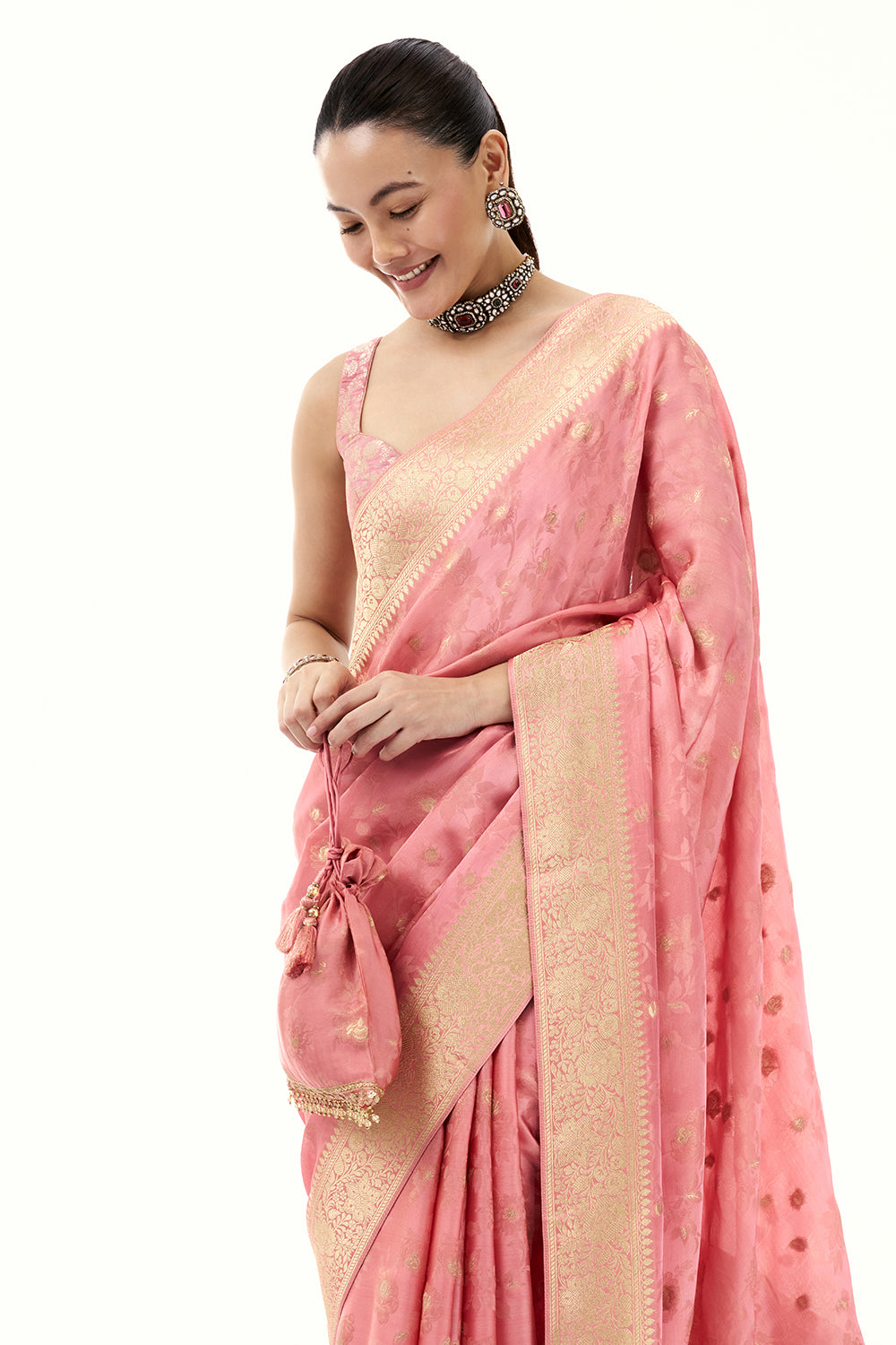 Rose Pink Art Silk Brocade Saree with Floral Motifs