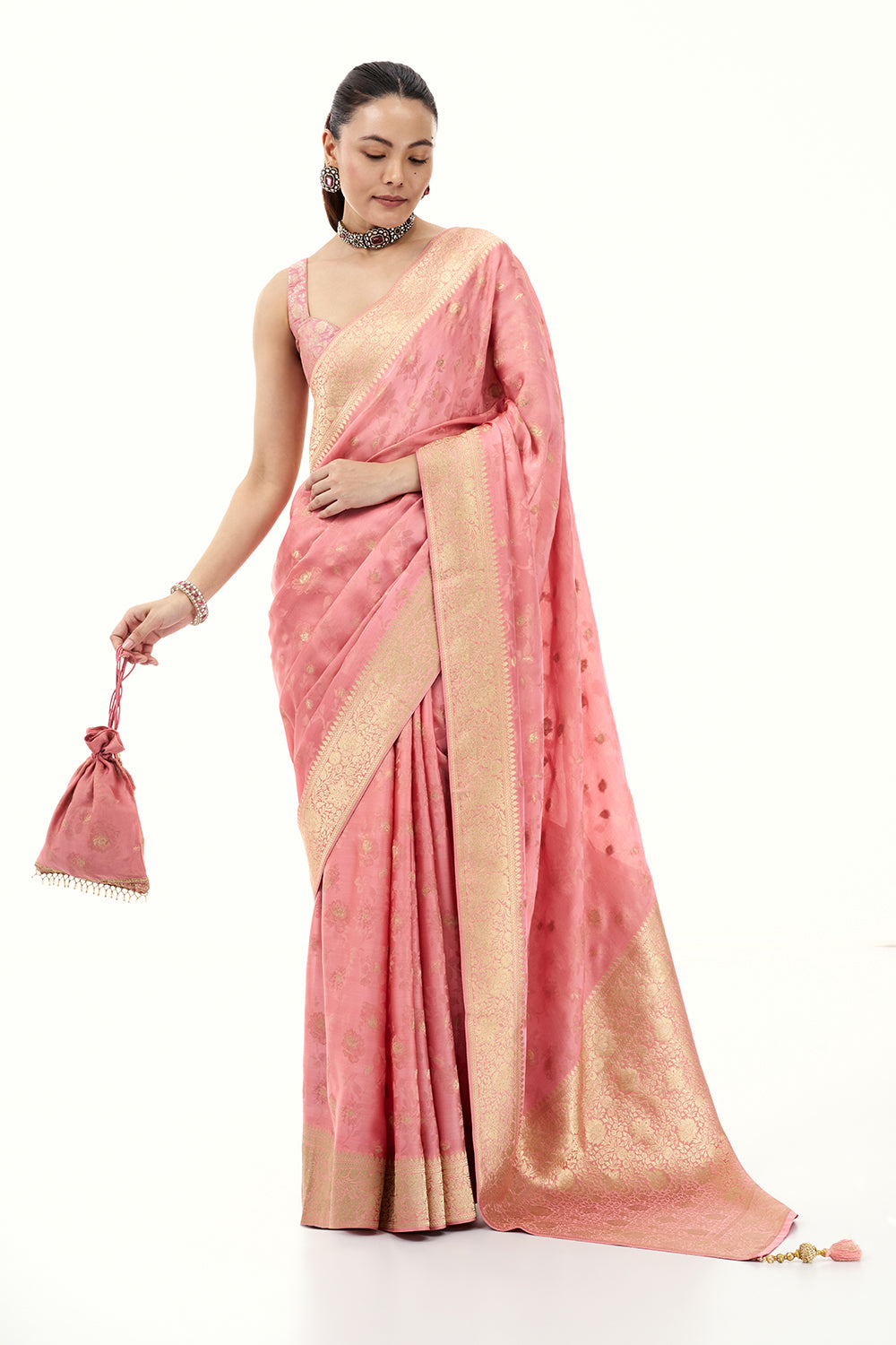 Rose Pink Art Silk Brocade Saree with Floral Motifs