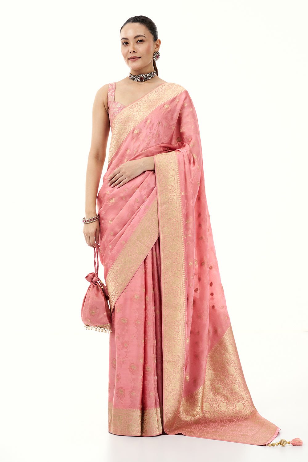 Rose Pink Art Silk Brocade Saree with Floral Motifs