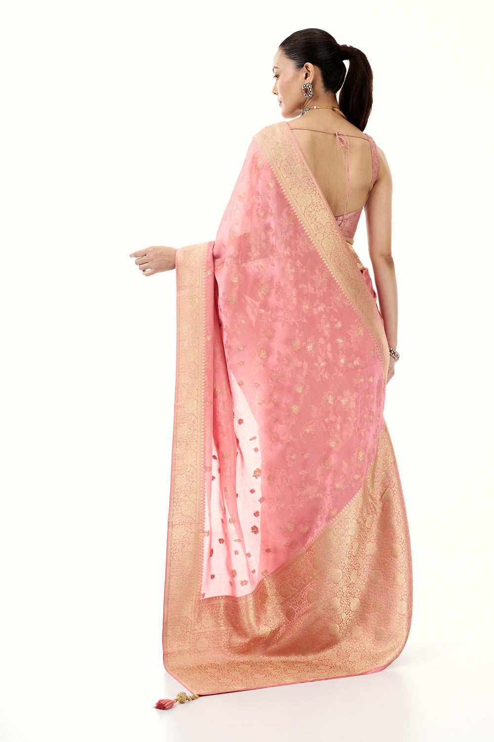 Rose Pink Art Silk Brocade Saree with Floral Motifs