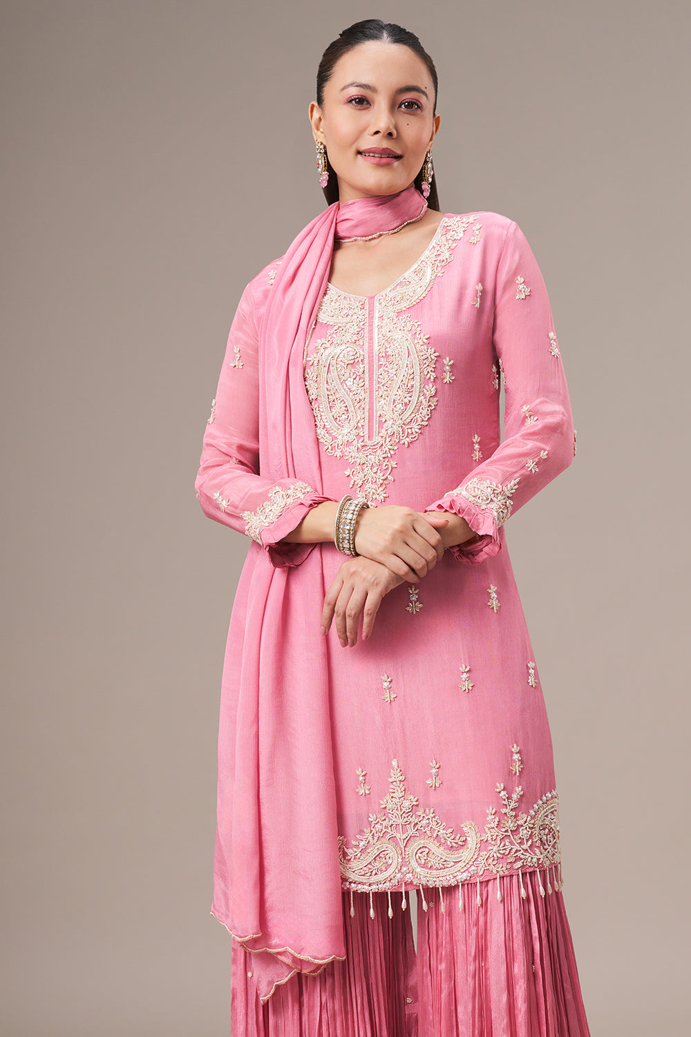 Rose Pink Chinon Sharara Suit with Pearl and Sequin Work