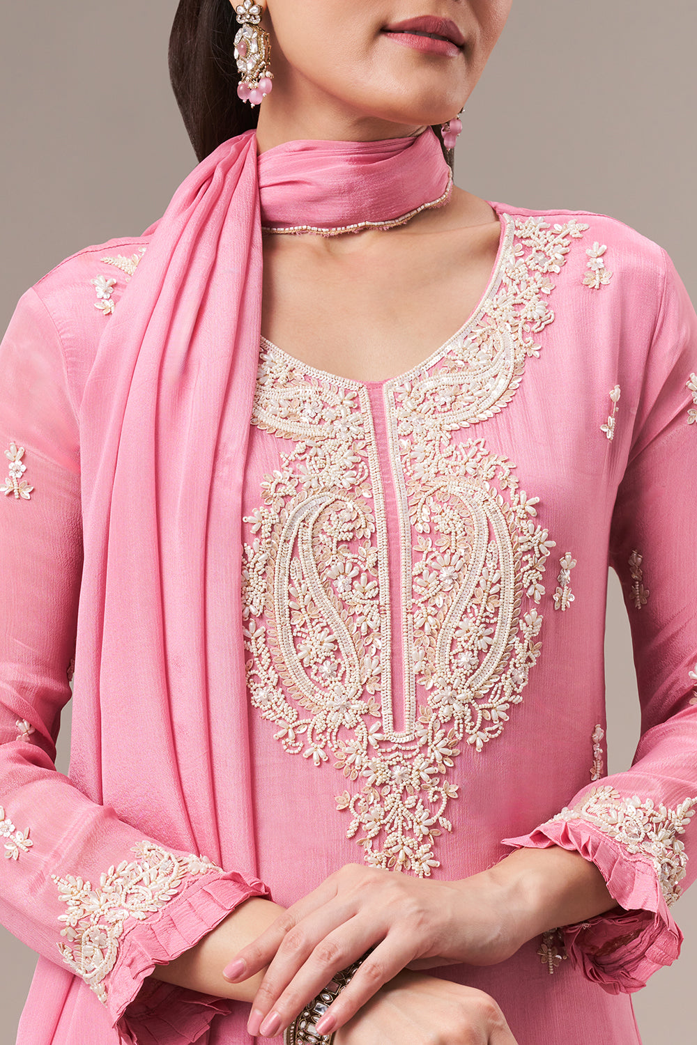 Rose Pink Chinon Sharara Suit with Pearl and Sequin Work