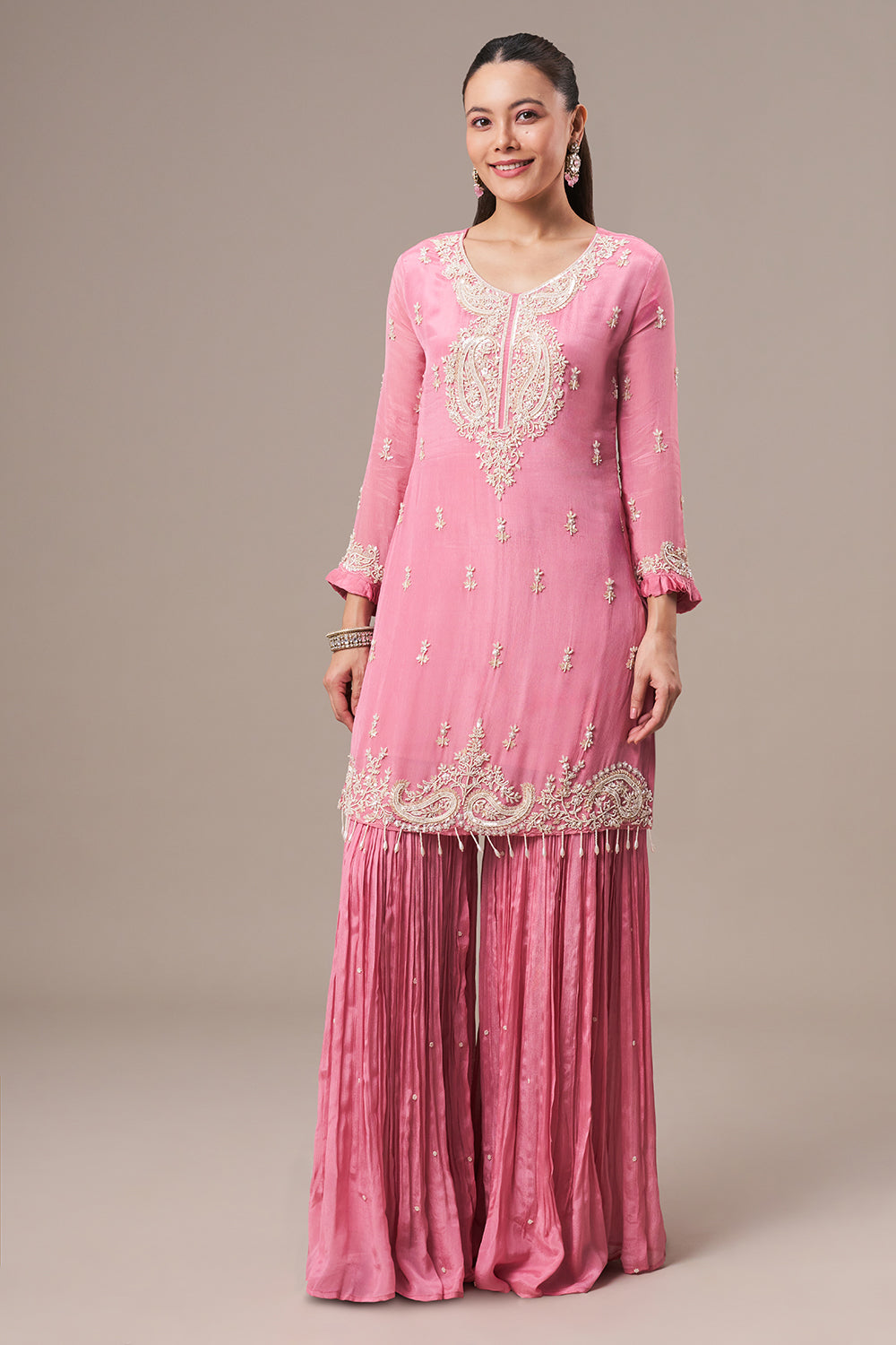 Rose Pink Chinon Sharara Suit with Pearl and Sequin Work