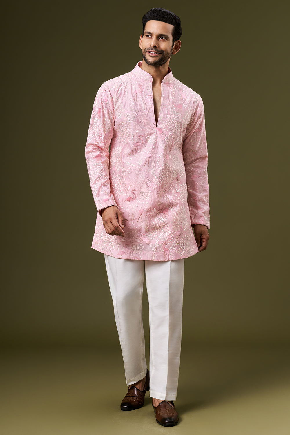 Rose Pink Cotton Silk Mens Kurta Set with Resham Floral Embroidery