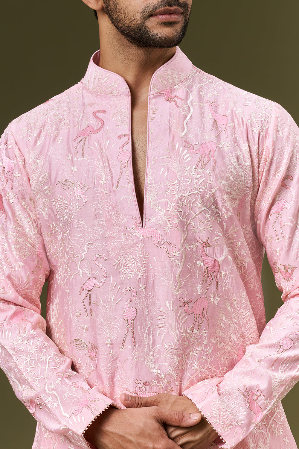 Rose Pink Cotton Silk Mens Kurta Set with Resham Floral Embroidery