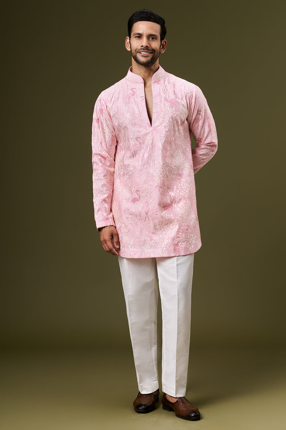Rose Pink Cotton Silk Mens Kurta Set with Resham Floral Embroidery