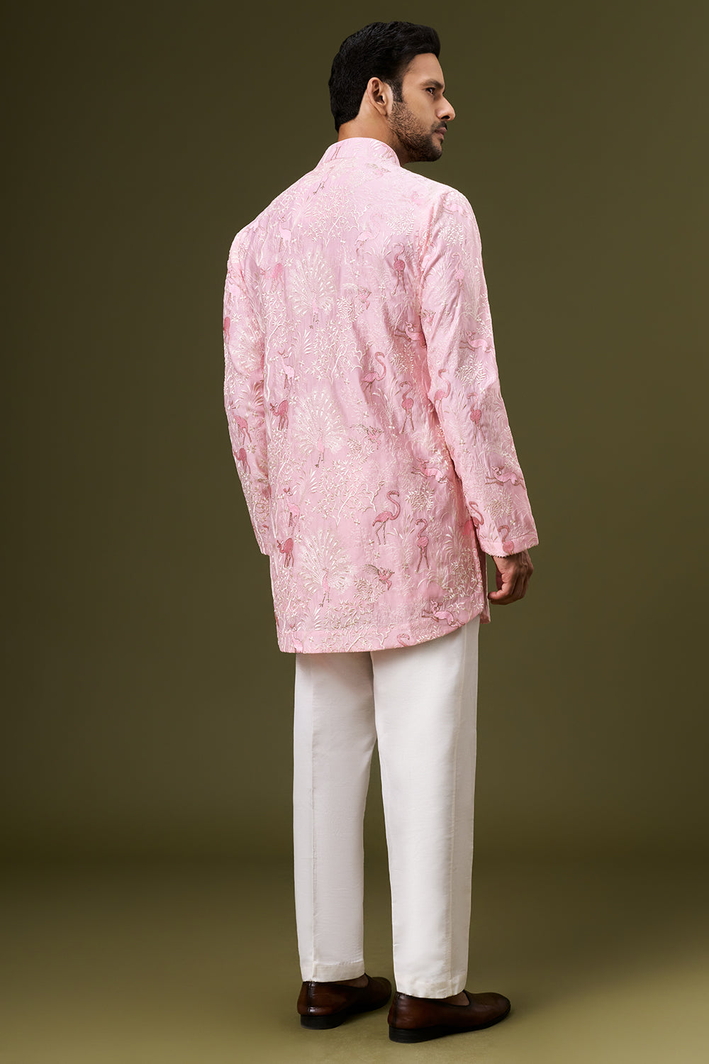 Rose Pink Cotton Silk Mens Kurta Set with Resham Floral Embroidery