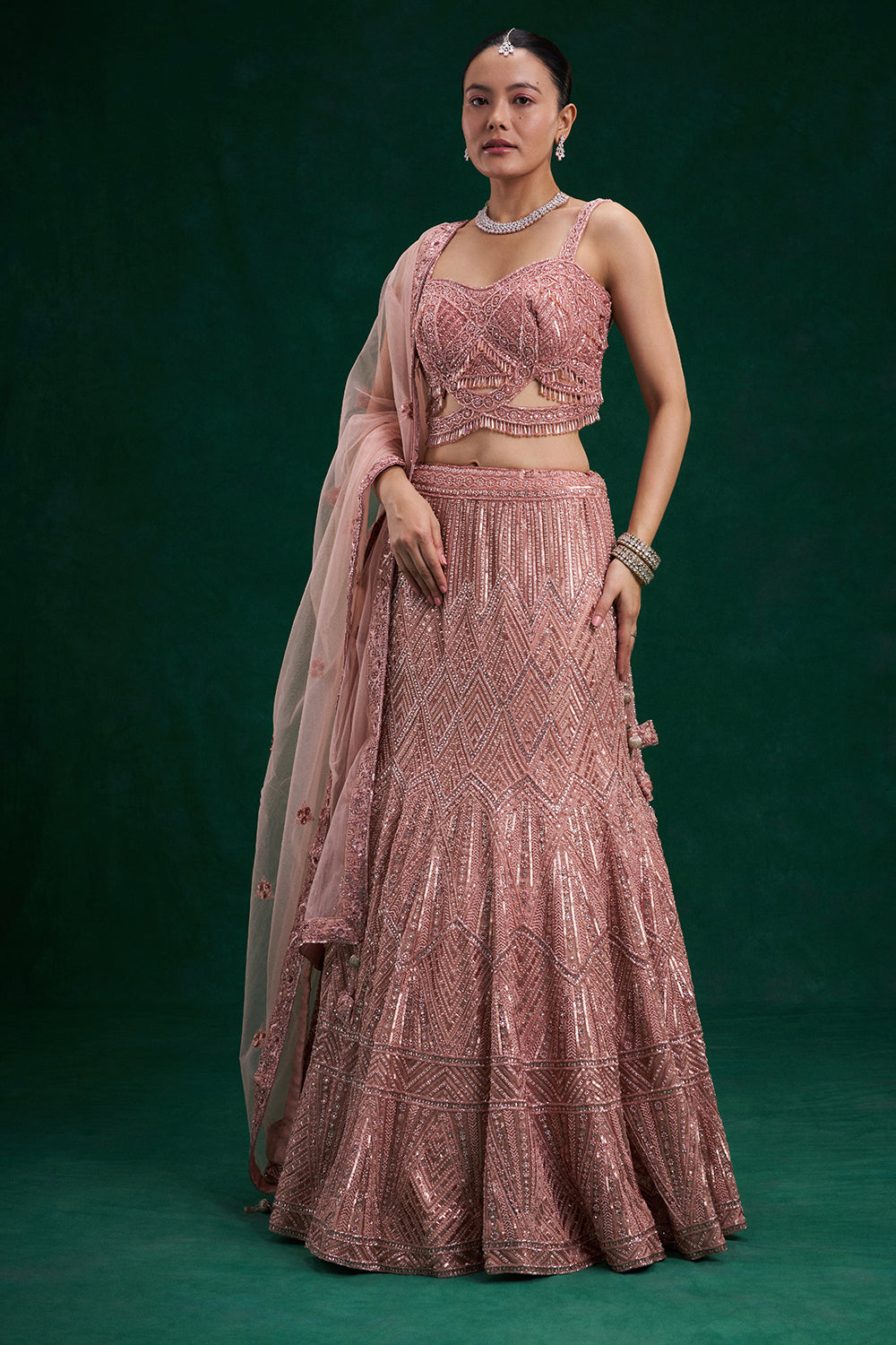 Rose Pink Net Bridal Lehenga with Cutdana and Sequin Work