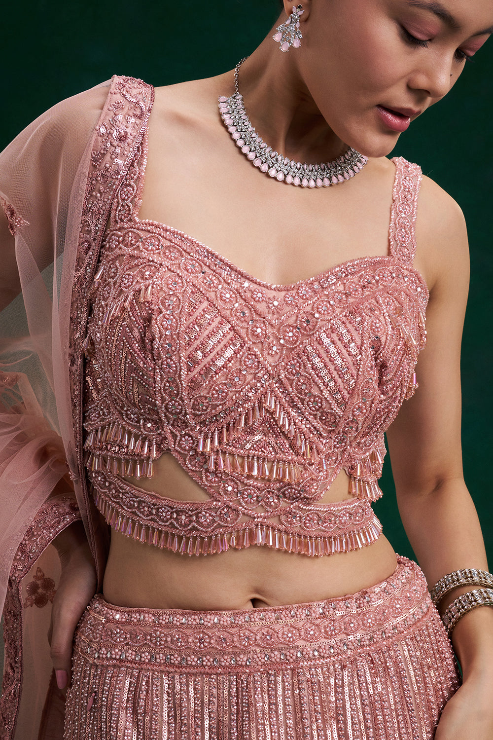 Rose Pink Net Bridal Lehenga with Cutdana and Sequin Work