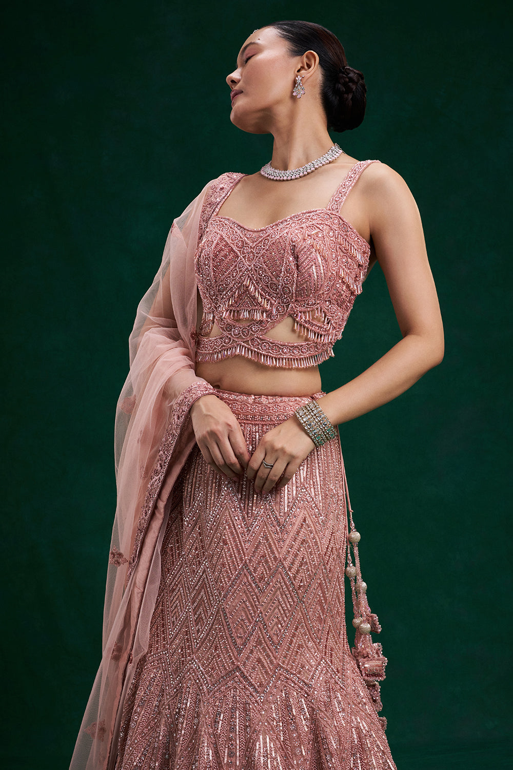 Rose Pink Net Bridal Lehenga with Cutdana and Sequin Work