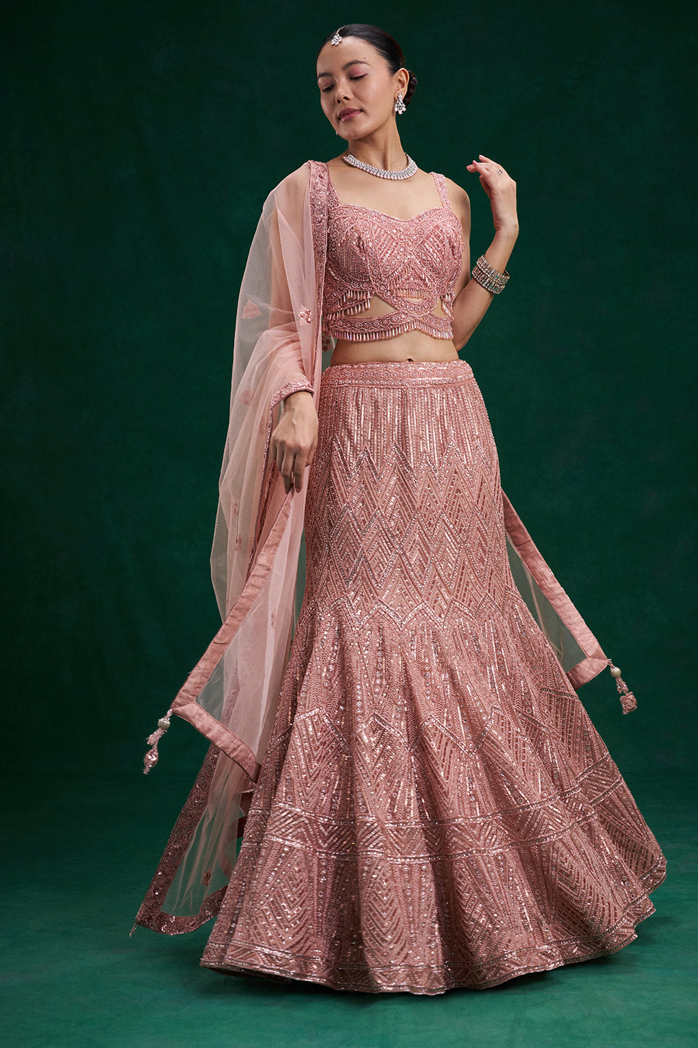 Rose Pink Net Bridal Lehenga with Cutdana and Sequin Work