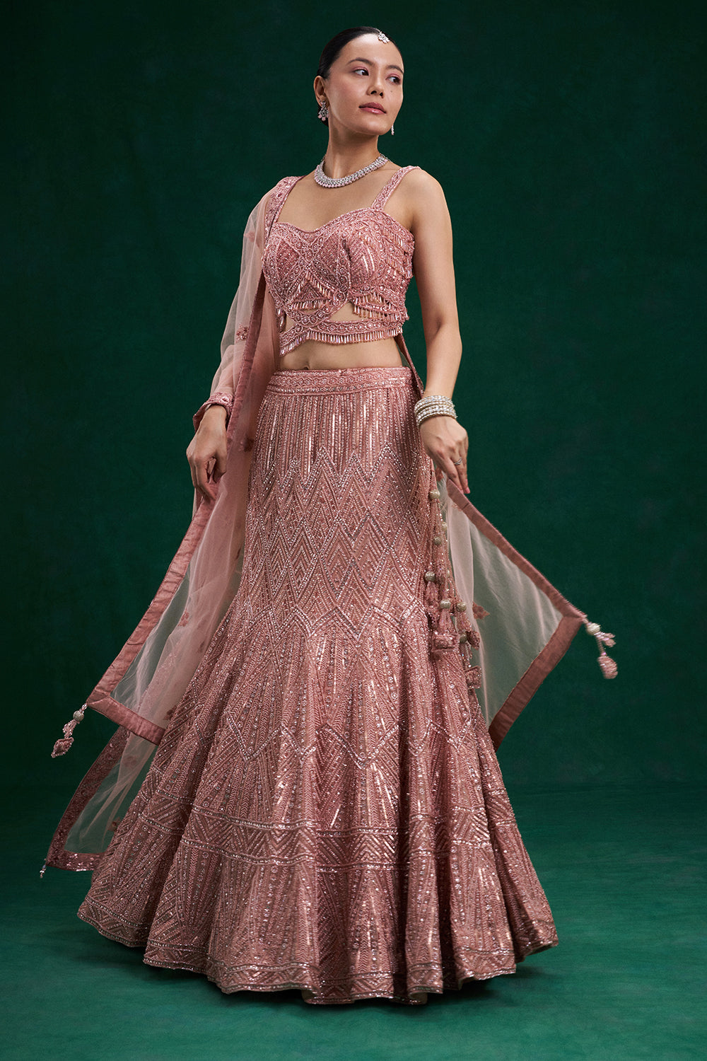 Rose Pink Net Bridal Lehenga with Cutdana and Sequin Work