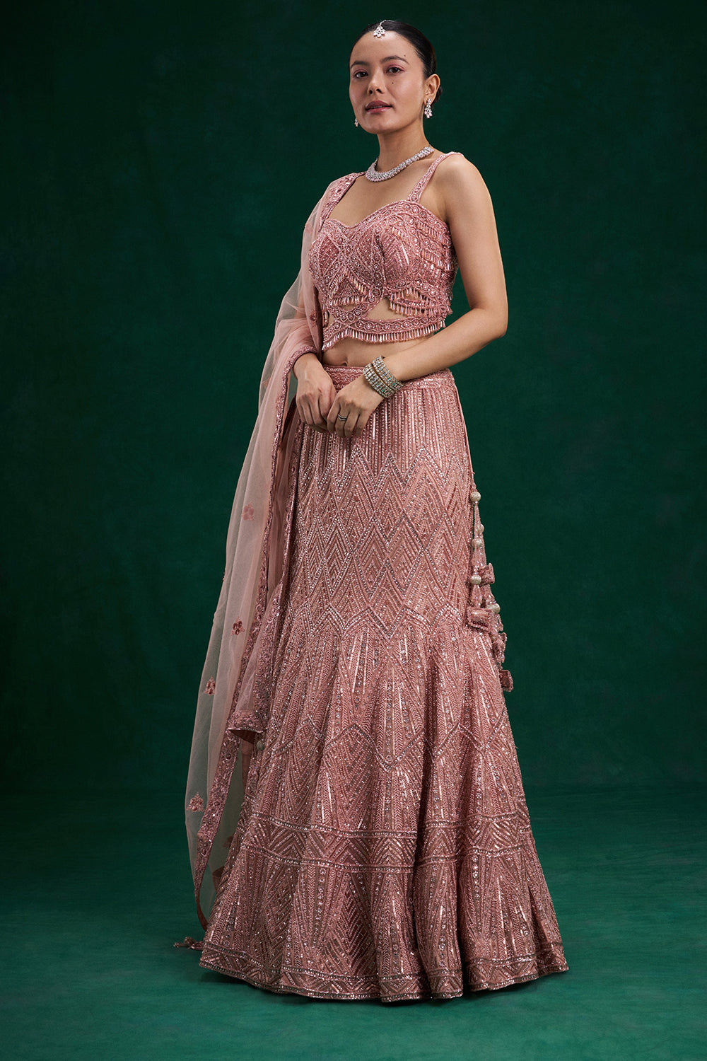 Rose Pink Net Bridal Lehenga with Cutdana and Sequin Work