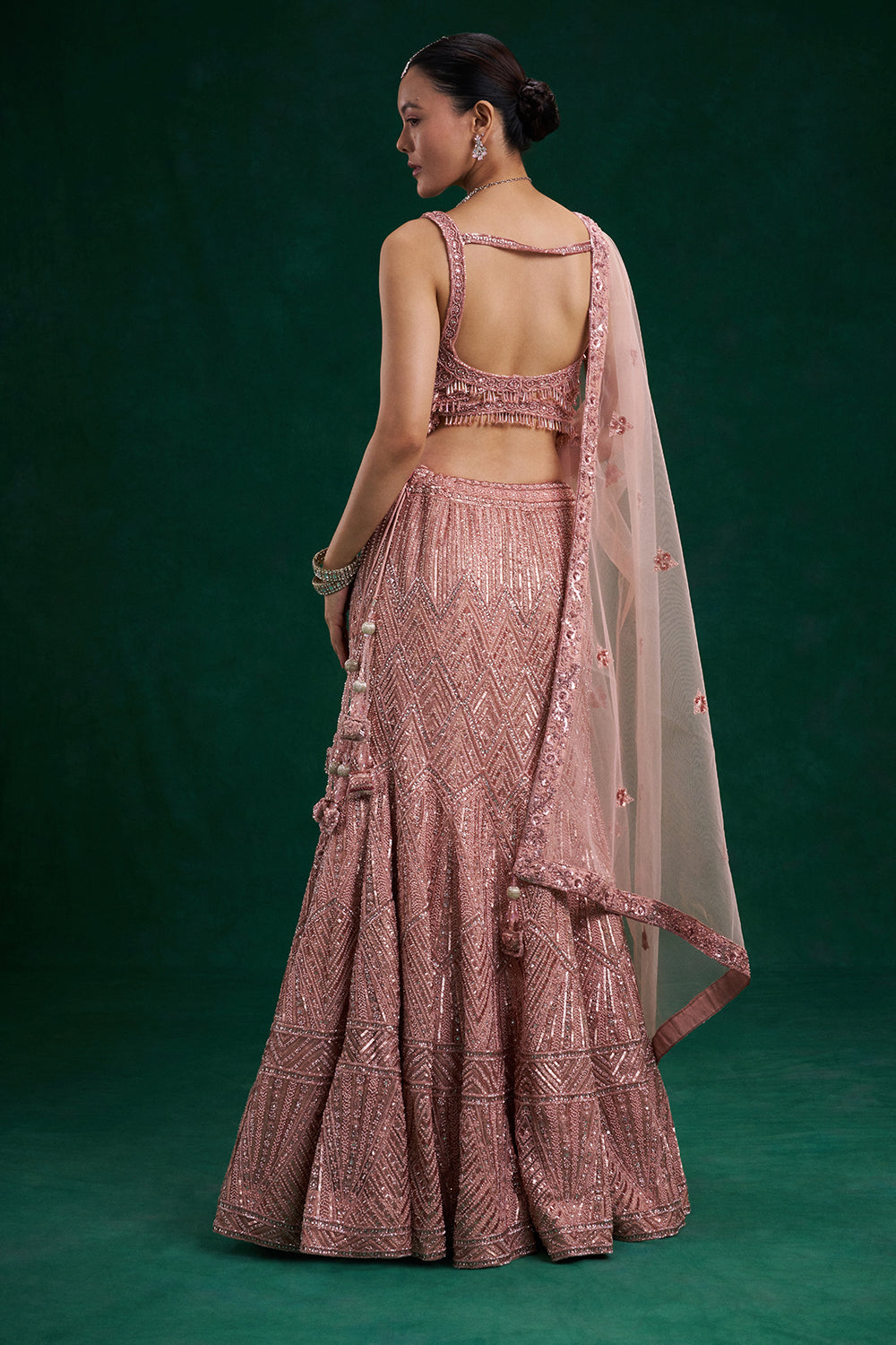 Rose Pink Net Bridal Lehenga with Cutdana and Sequin Work