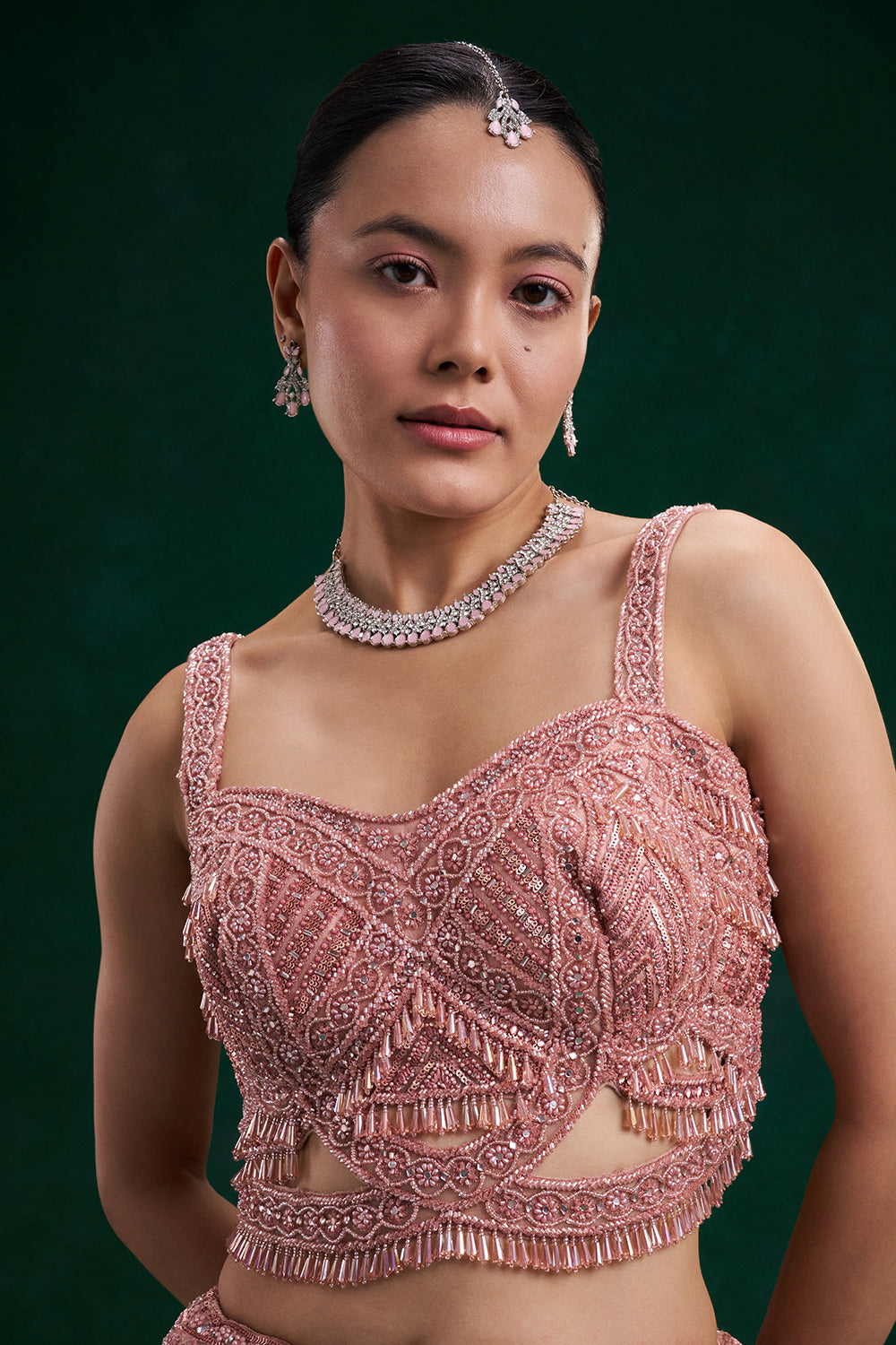 Rose Pink Net Bridal Lehenga with Cutdana and Sequin Work