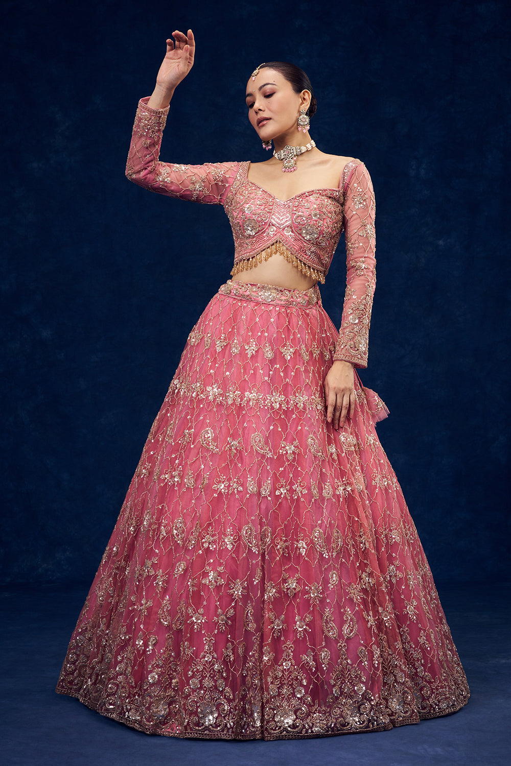 Rose Pink Net Lehenga with Cutdana and Sequin Handwork